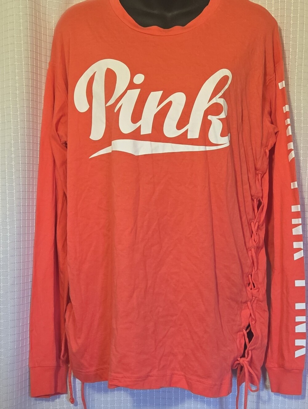 Victoria's Secret Pink Campus Lace-up Side Long Sleeve Shirt Coral Size Large
